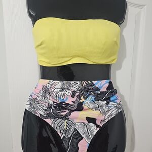 Yellow Bandeau Bikini Top with Tropical Print Bottoms